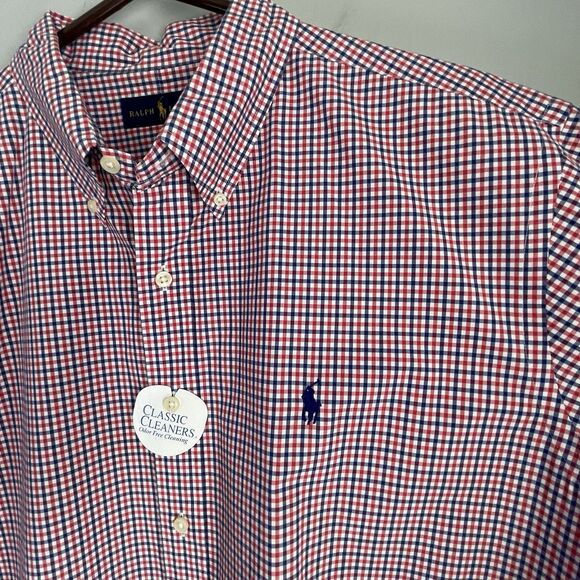 Ralph Lauren Short Sleeve Shirt Men's XXL Red Blue Check Oxford Button Down - Picture 2 of 10